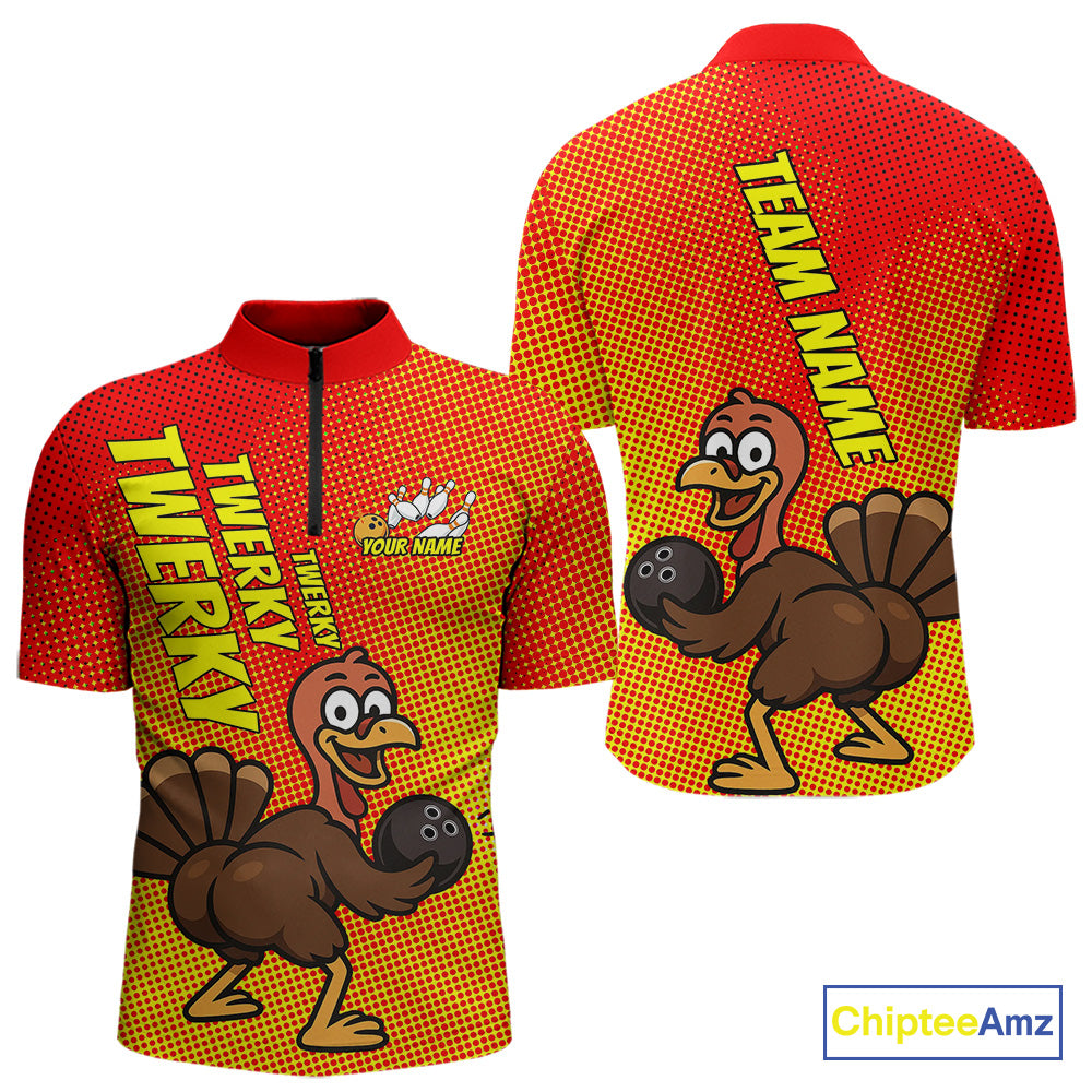 Custom Funny Twerky Turkey Bowling Quarter-Zip Shirts For Men, Thanksgiving Bowling Shirt IPHW9764