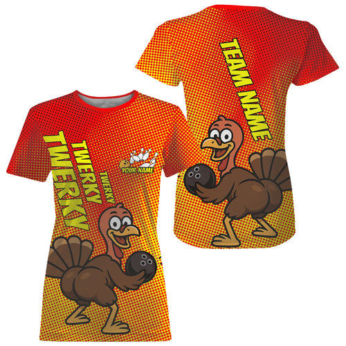 Custom Funny Twerky Turkey Bowling T-Shirts For Women, Thanksgiving Bowling IPHW9764