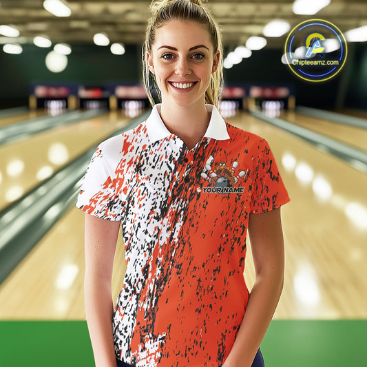 Custom Funny Orange Thanksgiving Turkey Bowling Women Polo Shirts, Turkey Bowling Jerseys IPHW9765