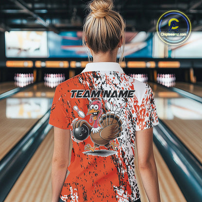 Custom Funny Orange Thanksgiving Turkey Bowling Women Polo Shirts, Turkey Bowling Jerseys IPHW9765