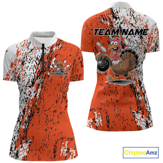 Custom Funny Orange Thanksgiving Turkey Bowling Women Quarter-Zip Shirts, Bowling Jersey IPHW9765