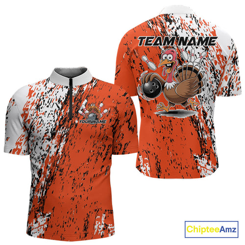 Custom Funny Orange Thanksgiving Turkey Bowling Men Quarter-Zip Shirts, Turkey Bowling Jerseys IPHW9765
