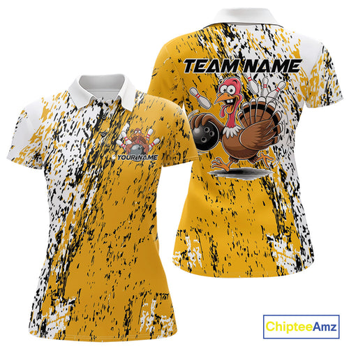 Custom Funny Yellow Thanksgiving Turkey Bowling Women Polo Shirts, Turkey Bowling Jerseys IPHW9766