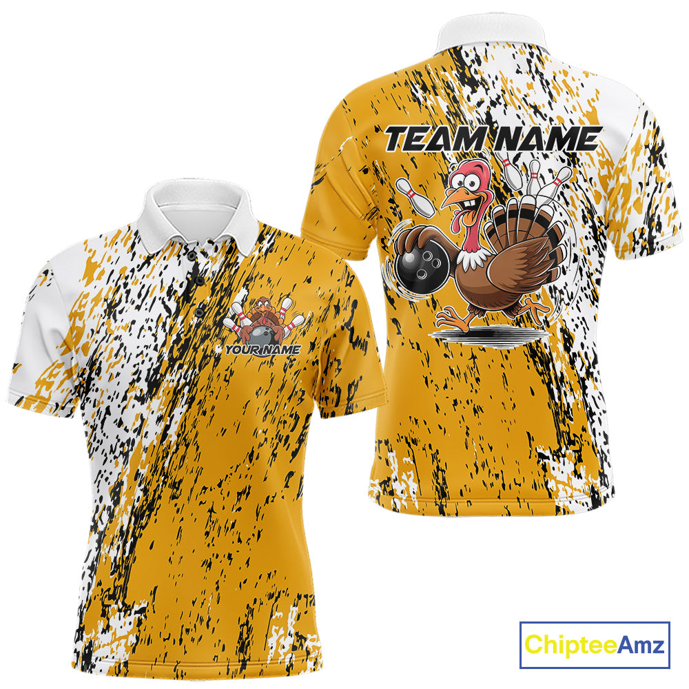 Custom Funny Yellow Thanksgiving Turkey Bowling Men Polo Shirts, Turkey Bowling Jerseys IPHW9766