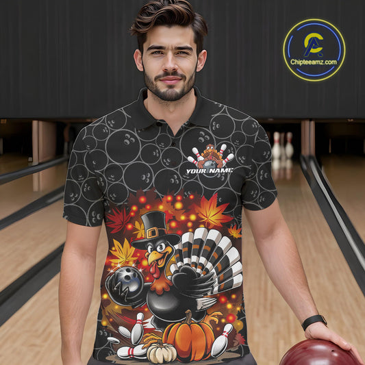 Custom Funny Thanksgiving Turkey Bowling Men Polo Shirts, Autumn Bowling Shirt IPHW9771