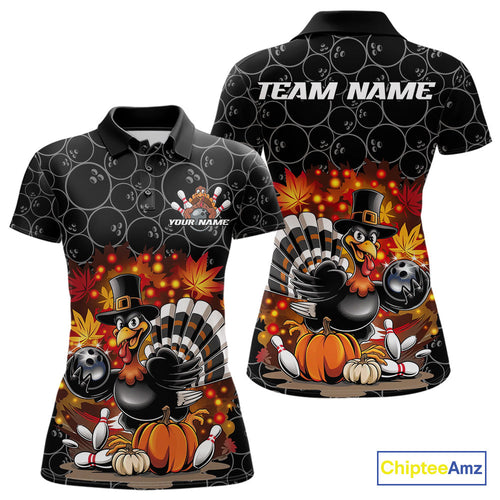 Custom Funny Thanksgiving Turkey Bowling Women Polo Shirts, Autumn Bowling Shirt IPHW9771