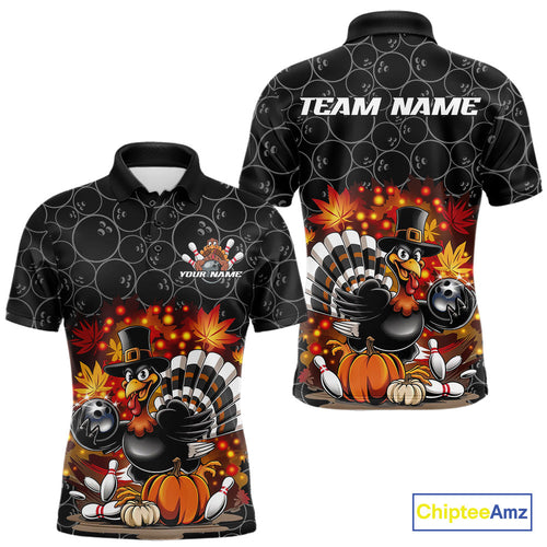 Custom Funny Thanksgiving Turkey Bowling Men Polo Shirts, Autumn Bowling Shirt IPHW9771