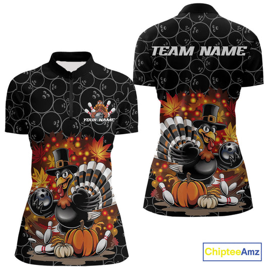 Custom Funny Thanksgiving Turkey Bowling Women Quarter-Zip Shirts, Autumn Bowling Shirt IPHW9771