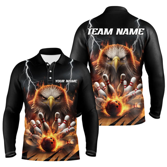 Thunder Lightning Custom Flame Eagle Bowling Long Sleeve Long Sleeve Polo Shirts For Men, Fire Bowling Jerseys IPHW7581