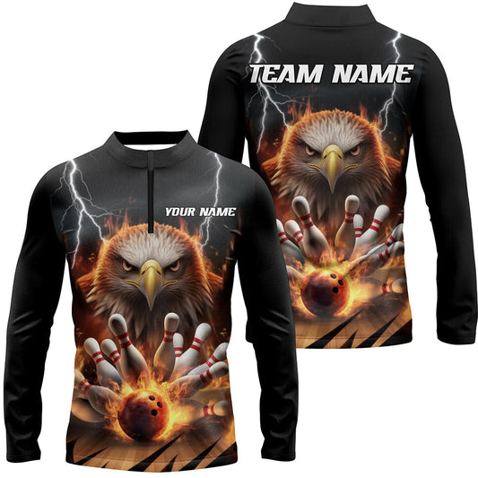 Thunder Lightning Custom Flame Eagle Bowling Long Sleeve Quarter-Zip Shirts For Men, Fire Bowling Jerseys IPHW7581