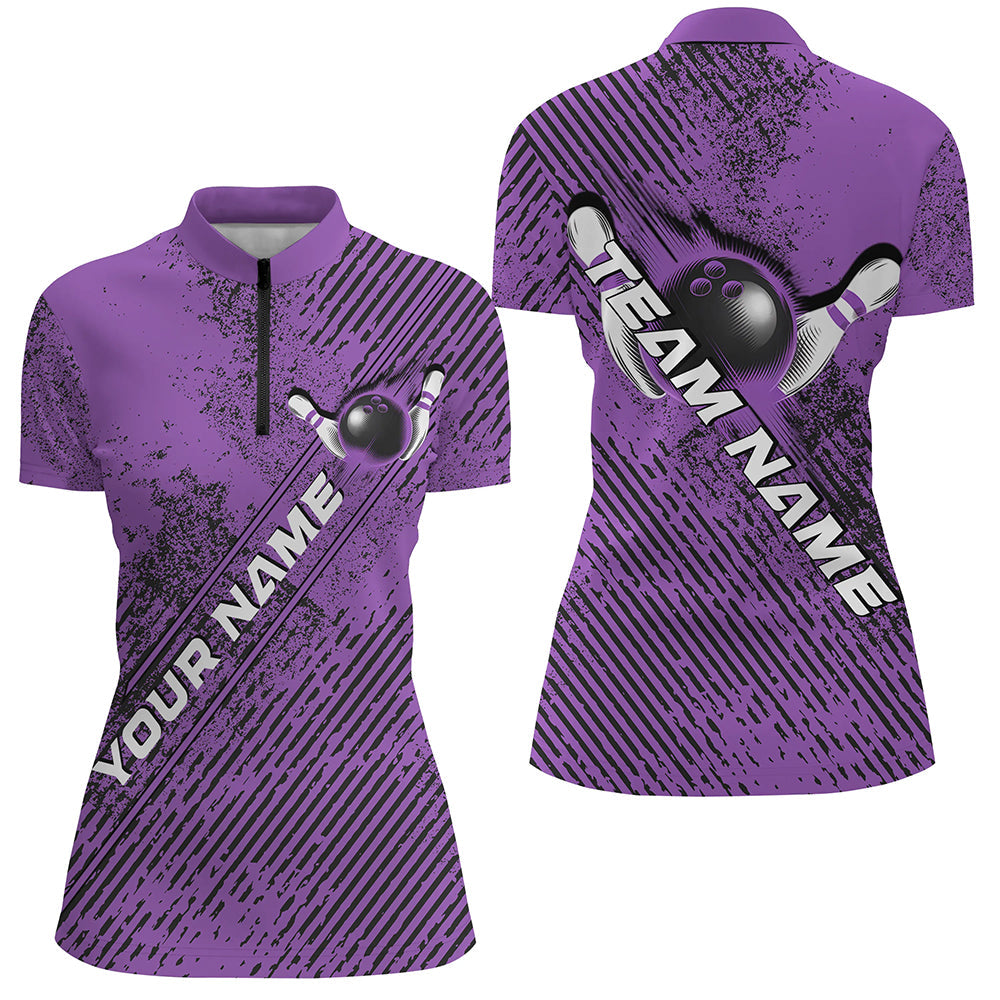 Custom Purple Bowling Jerseys, Grunge Bowling Quarter-Zip Shirts For Women Bowlers Outfits IPHW8229