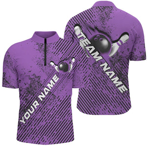 Custom Purple Bowling Jerseys, Grunge Bowling Quarter-Zip Shirts For Men Bowlers Outfits IPHW8229