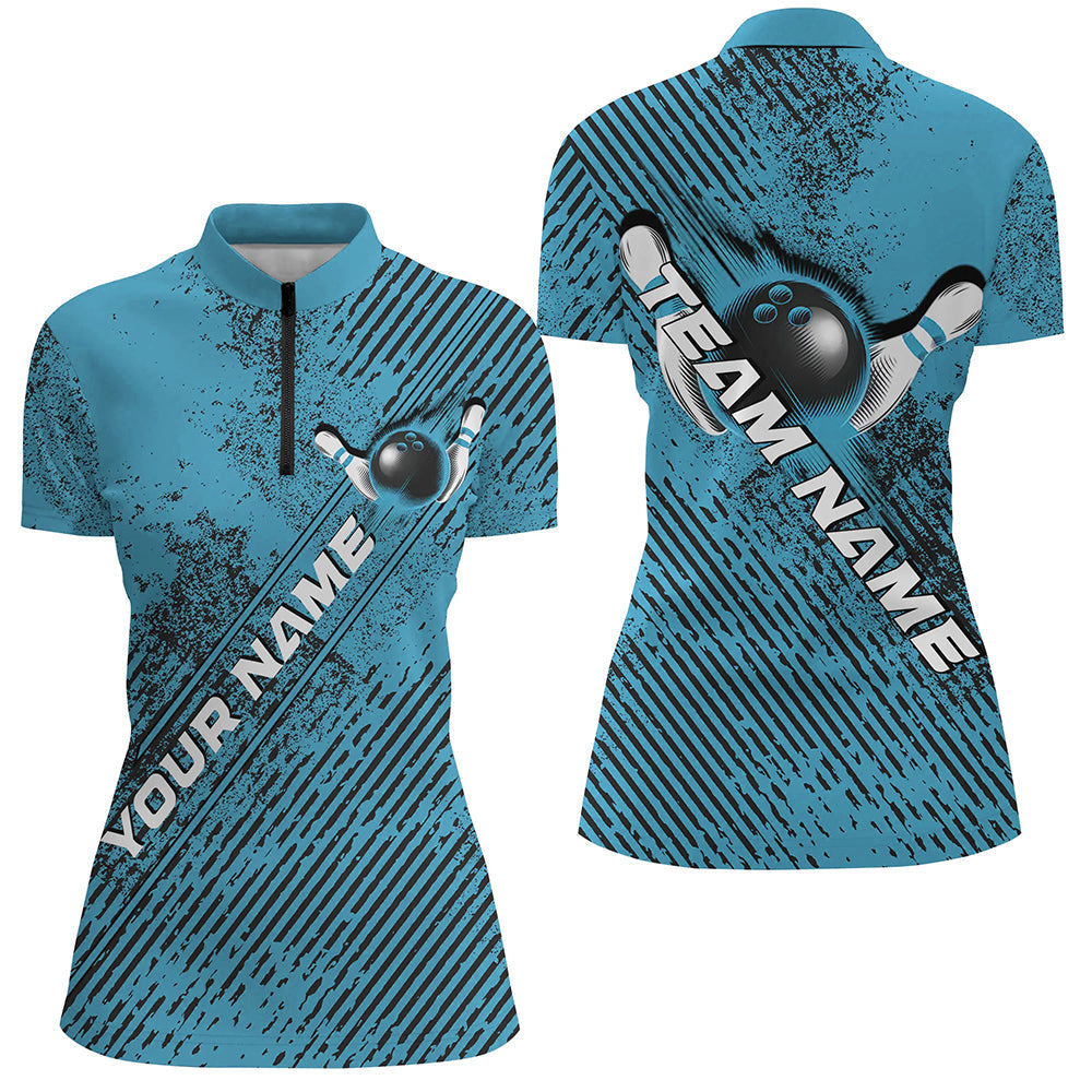 Custom Blue Bowling Jerseys, Grunge Bowling Quarter-Zip Shirts For Women Bowlers Outfits IPHW8230