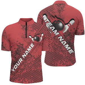 Custom Red Bowling Jerseys, Grunge Bowling Quarter-Zip Shirts For Men Bowlers Outfits IPHW8231