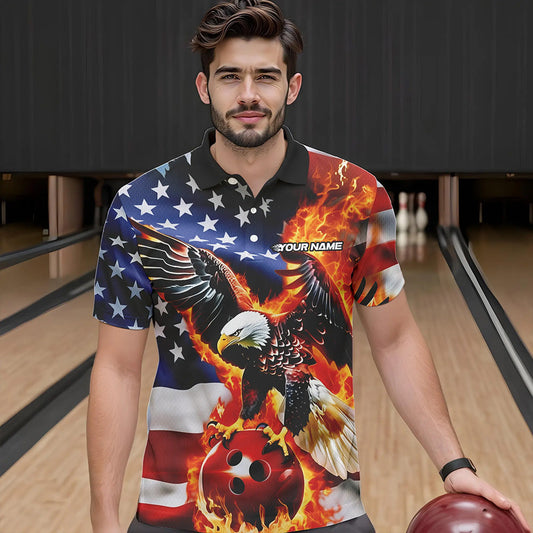 Custom USA Eagle Bowling Polo Shirts For Men, Patriotic Bowling League Shirt IPHW8451
