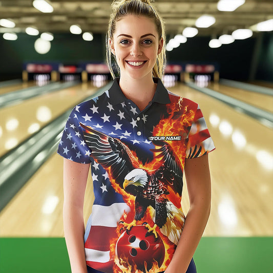 Custom USA Eagle Bowling Polo Shirts For Women, Patriotic Bowling League Shirt IPHW8451