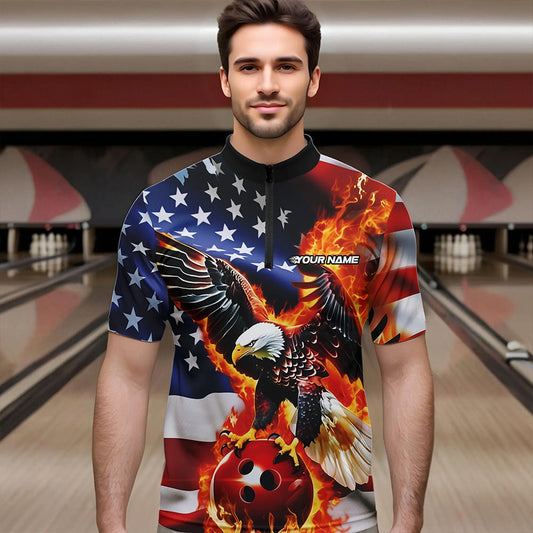 Custom USA Eagle Bowling Quarter-Zip Shirts For Men, Patriotic Bowling League Shirt IPHW8451