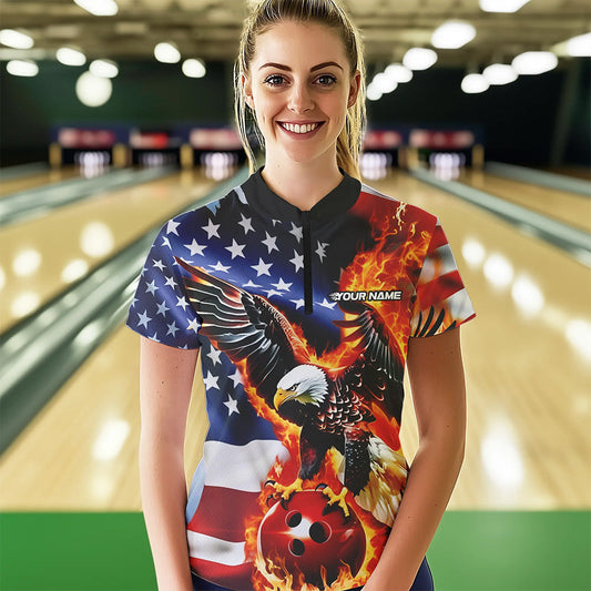 Custom USA Eagle Ladies Bowling Quarter-Zip Shirt, Patriotic Bowling League Shirt IPHW8451