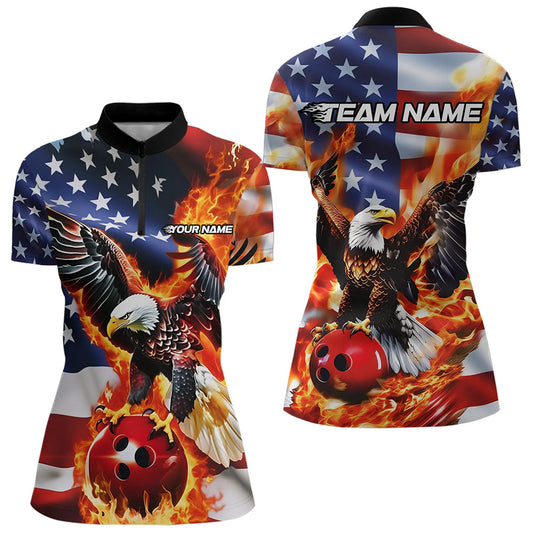 Custom USA Eagle Ladies Bowling Quarter-Zip Shirt, Patriotic Bowling League Shirt IPHW8451