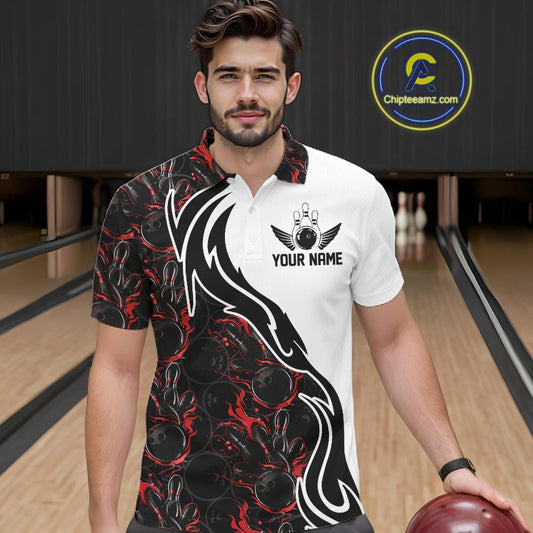 Custom Black And Red Flame Bowling Team Shirts, Bowling League Shirt Men Bowling Jersey IPHW10543