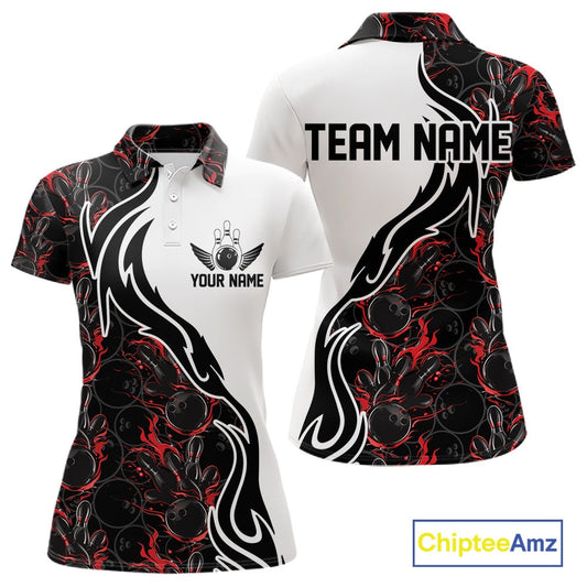 Custom Black And Red Flame Bowling Team Shirts, Bowling League Shirt Women Bowling Jersey IPHW10543
