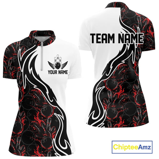 Custom Black And Red Flame Bowling Team Shirt, Bowling League Shirt Women Bowling Jersey IPHW10543