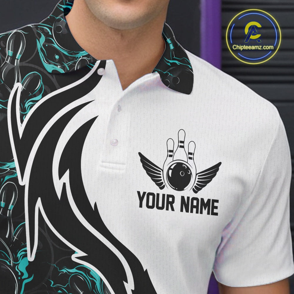 Custom Black And Turquoise Blue Flame Bowling Team Shirts, Men Bowling League Shirt IPHW10544
