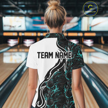 Load image into Gallery viewer, Custom Black And Turquoise Blue Flame Bowling Team Shirts, Women Bowling League Shirt IPHW10544