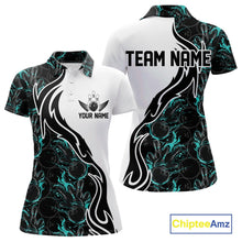 Load image into Gallery viewer, Custom Black And Turquoise Blue Flame Bowling Team Shirts, Women Bowling League Shirt IPHW10544