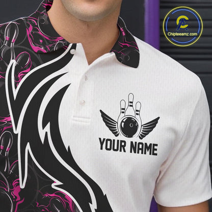 Custom Black And Pink Flame Bowling Team Shirts, Bowling League Shirt Men Bowling Jersey IPHW10546