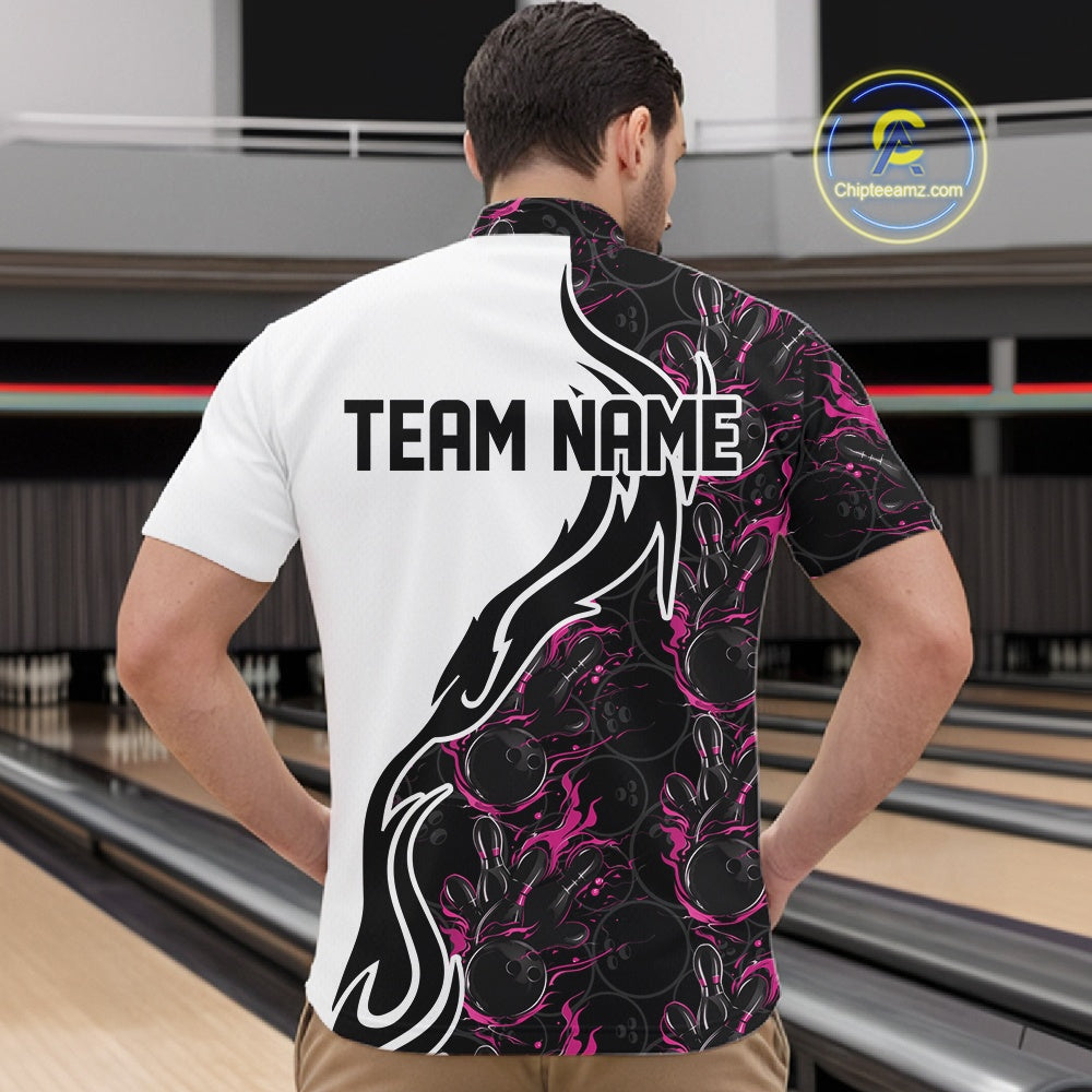 Custom Black And Pink Flame Bowling Team Shirts, Bowling League Shirt Men Bowling Jersey IPHW10546