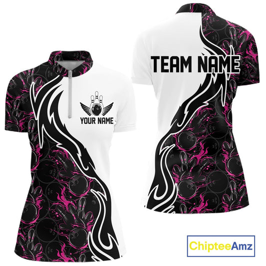 Custom Black And Pink Flame Bowling Team Shirts, Bowling League Shirt Women Jersey IPHW10546