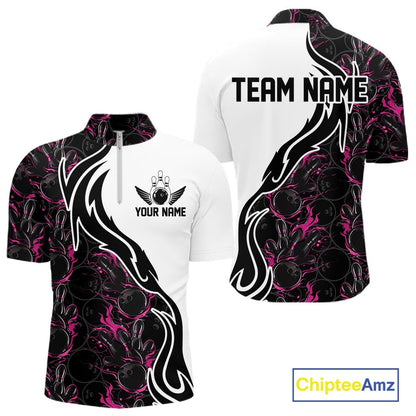 Custom Black And Pink Flame Bowling Team Shirts, Bowling League Shirt Men Bowling Jersey IPHW10546