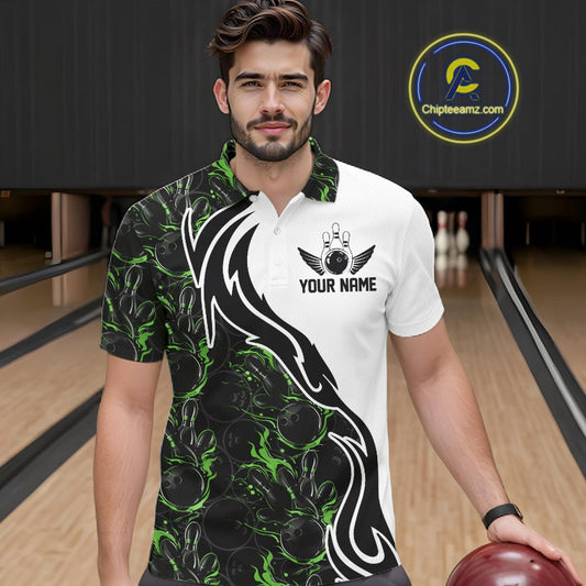 Custom Black And Green Flame Bowling Team Shirts, Bowling League Shirt Men Bowling Jersey IPHW10547