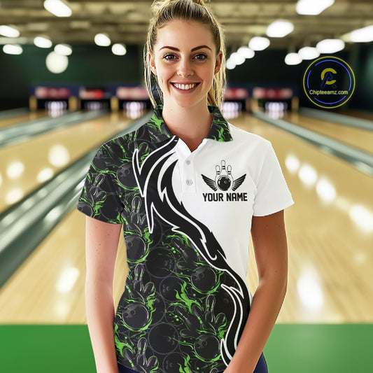 Custom Black And Green Flame Bowling Team Shirts, Bowling League Shirt Women Bowling Jersey IPHW10547