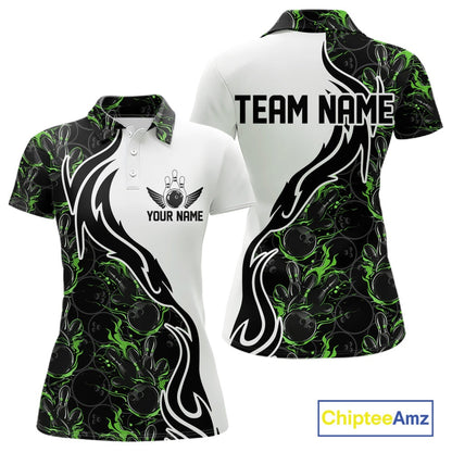 Custom Black And Green Flame Bowling Team Shirts, Bowling League Shirt Women Bowling Jersey IPHW10547