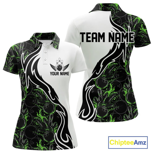 Custom Black And Green Flame Bowling Team Shirts, Bowling League Shirt Women Bowling Jersey IPHW10547