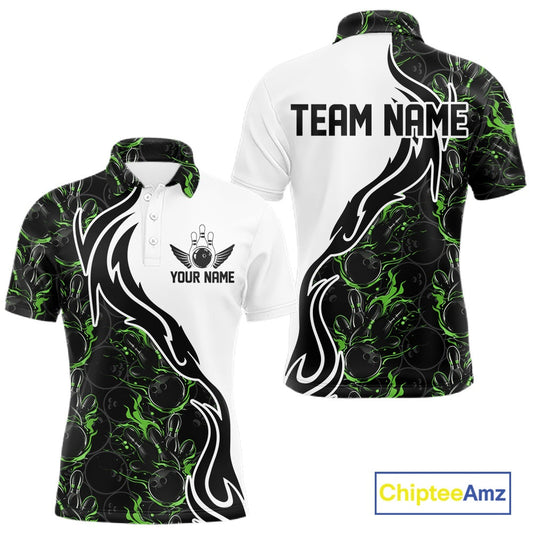 Custom Black And Green Flame Bowling Team Shirts, Bowling League Shirt Men Bowling Jersey IPHW10547