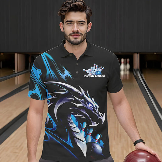 Custom Black And Blue Flame Dragon Bowling Polo Shirts For Men, Dragon Bowling League Shirt IPHW8702
