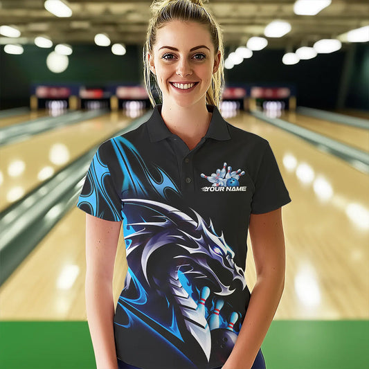 Custom Black And Blue Flame Dragon Bowling Womens Polo Shirts, Dragon Bowling League Shirt IPHW8702