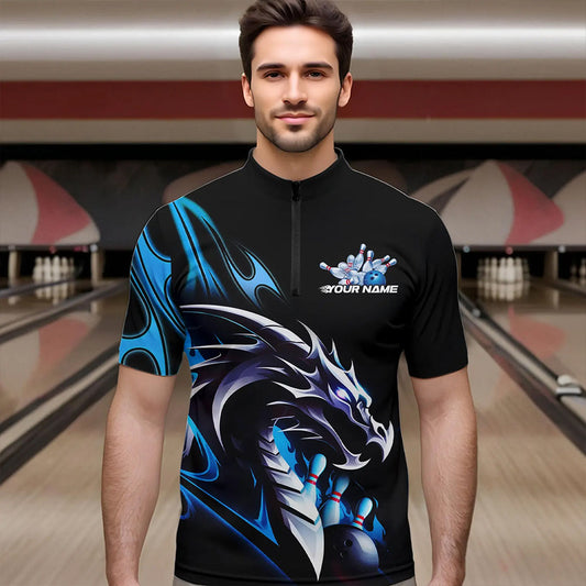Custom Black And Blue Flame Dragon Bowling Quarter-Zip Shirts For Men, Dragon Bowling League Shirt IPHW8702