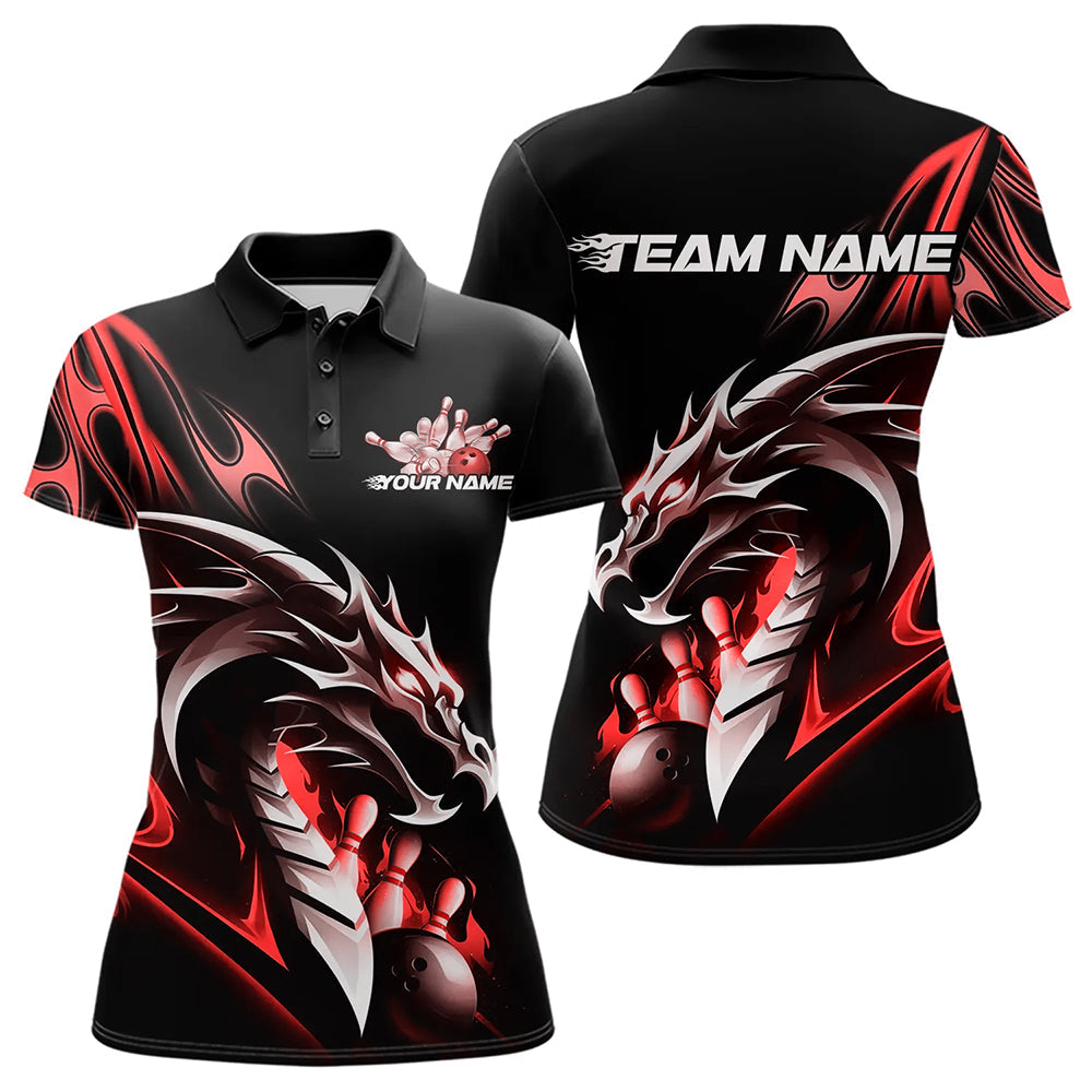 Custom Black And Red Flame Dragon Bowling Polo Shirt For Women, Dragon Bowling League Shirt IPHW8703