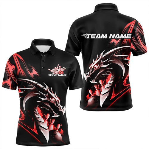 Custom Black And Red Flame Dragon Bowling Polo Shirts For Men, Dragon Bowling League Shirt IPHW8703