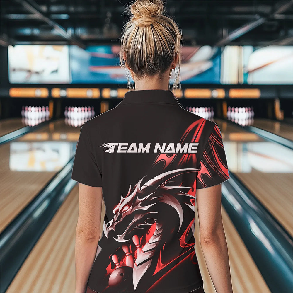 Custom Black And Red Flame Dragon Bowling Women Quarter-Zip Shirts , Bowling League Shirt IPHW8703