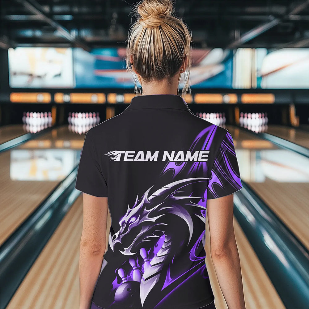 Custom Black And Purple Flame Dragon Bowling Women Quarter-Zip Shirts, Bowling League Shirt IPHW8704
