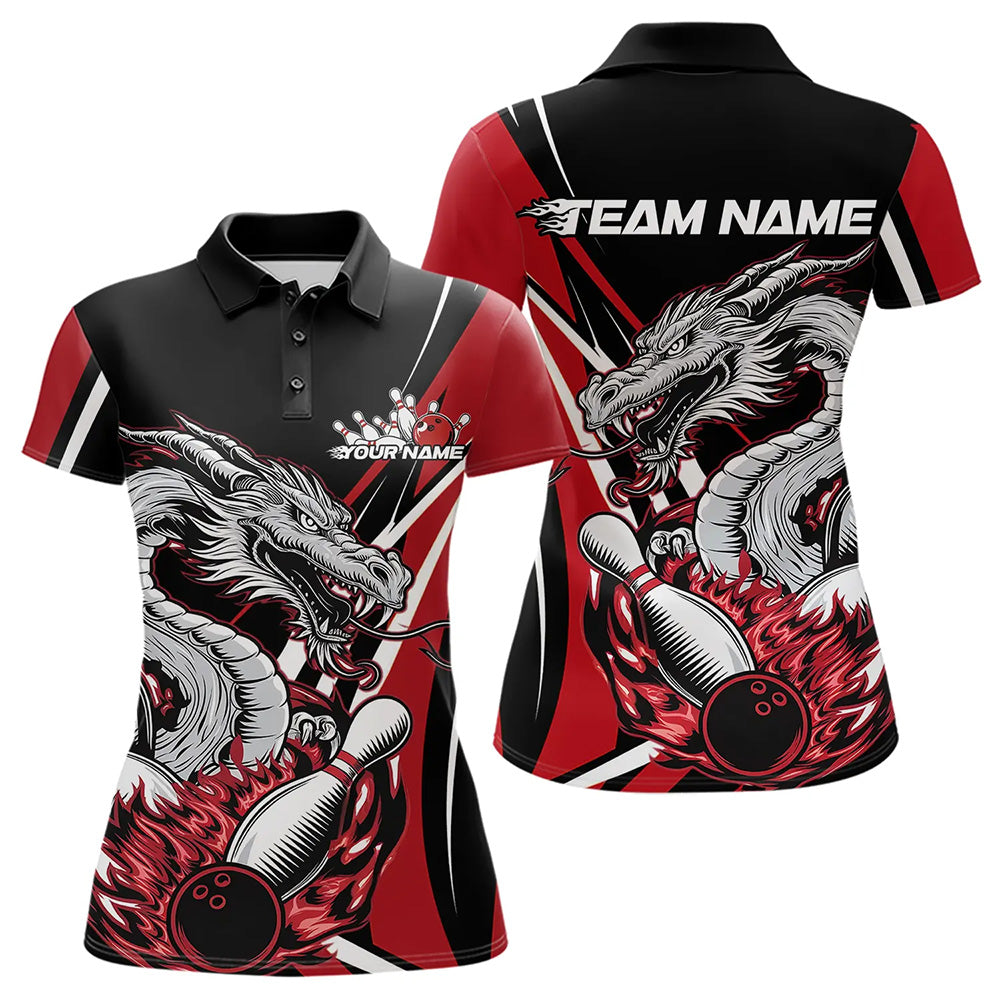 Custom Black And Red Flame Dragon Bowling Jerseys, Dragon Women Bowling Team Polo Shirts IPHW8710