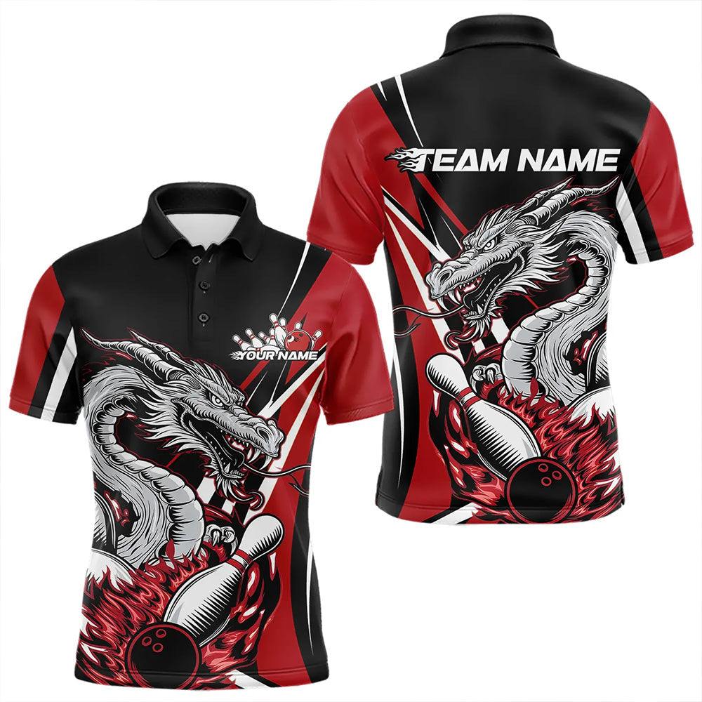 Custom Black And Red Flame Dragon Bowling Jerseys, Dragon Men Bowling Team Polo Shirts IPHW8710
