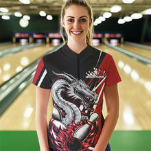 Load image into Gallery viewer, Custom Black And Red Flame Dragon Bowling Jerseys, Women Bowling Team Quarter-Zip Shirts IPHW8710