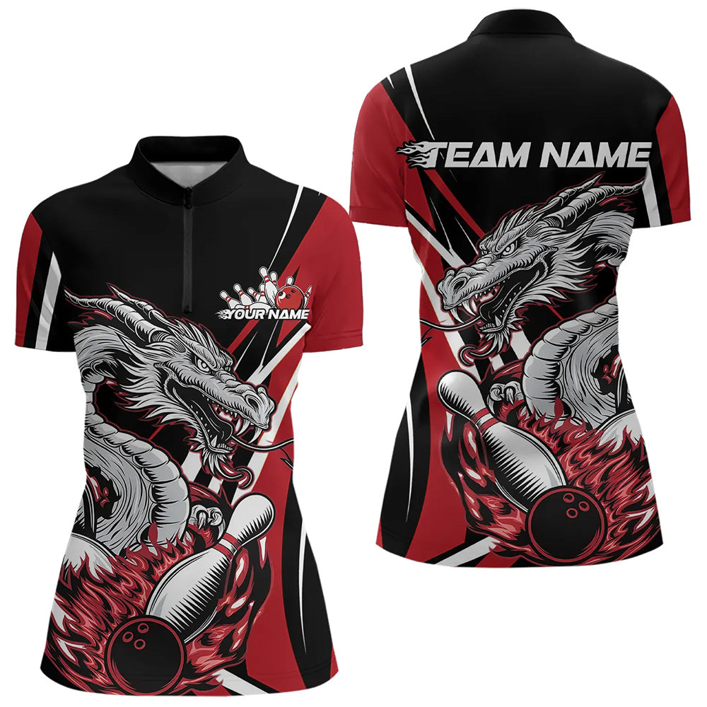 Custom Black And Red Flame Dragon Bowling Jerseys, Women Bowling Team Quarter-Zip Shirts IPHW8710