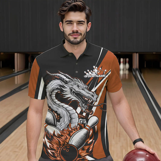 Custom Black And Orange Flame Dragon Bowling Jerseys, Dragon Men Bowling Team Polo Shirts IPHW8711